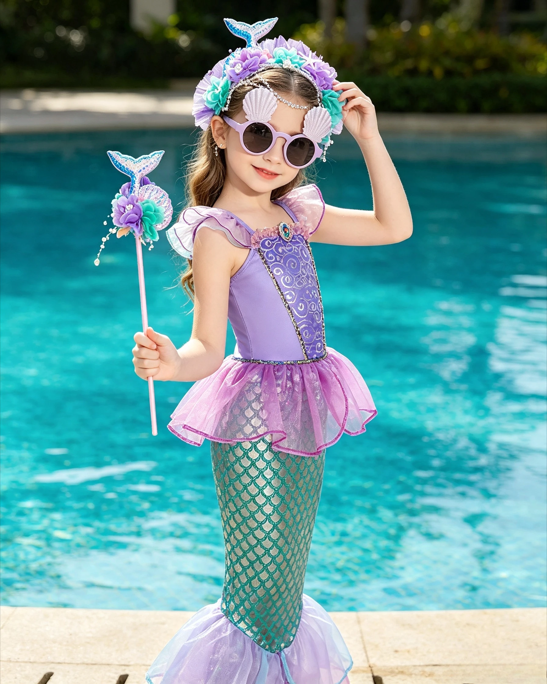 Halloween Girls Purple Mermaid Style Summer Dress Set Kids Scale Printed Mesh Outfit Swimming Suit Outdoor Stage Themed Attire