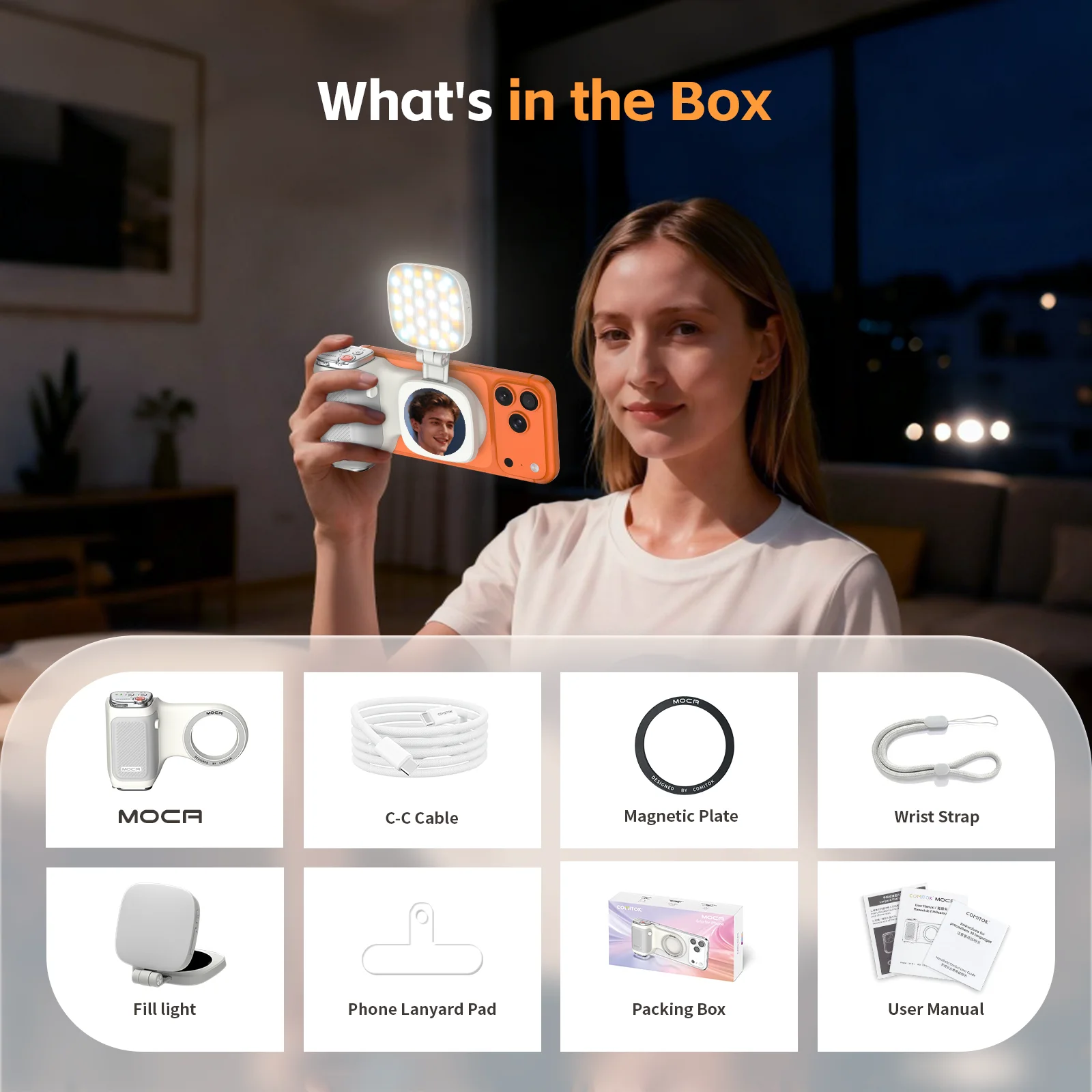 COMITOK MOCA iPhone Wireless Selfie Booster, mit Focus Lock/DSLR-Auslöser, wiederaufladbare Fernbedienung + optionaler Spiegel/Fülllicht – Detail 4