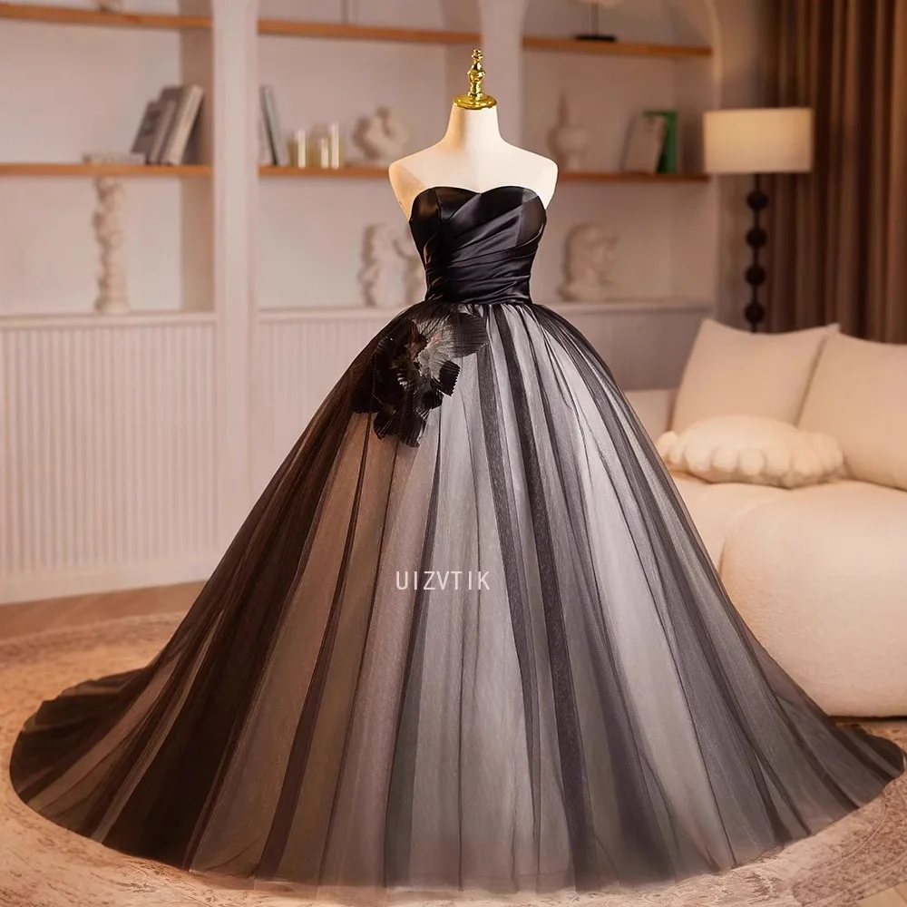 

Customized Black Satin Evening Dress for Women Banquet Elegant Strapless A-line Flowers Party Formal Gowns Vestido De Fiesta