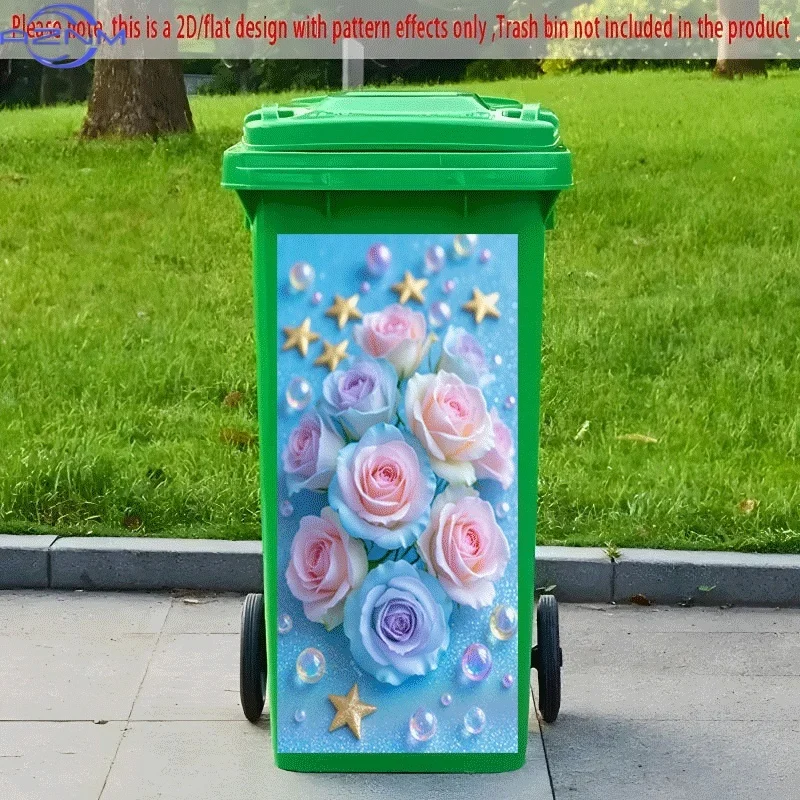 PC 2D Flat Self-Adhesive Trash Can Sticker, Dreamy Blue and Pink Rose Appointment Decorative Sticker, Creative Trash Can Decor