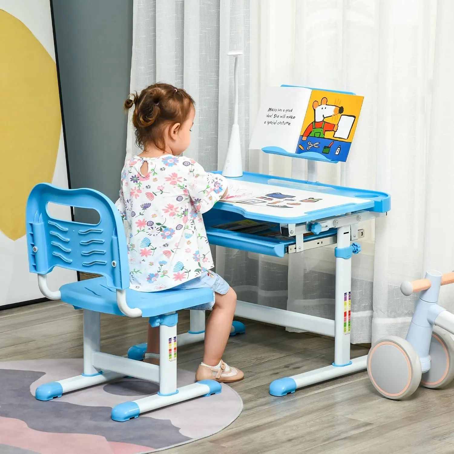 Kids Desk and Chair Set, School Study Desk with USB Light, Storage Drawer for Writing, Activities, Arts, or Crafts, Blue