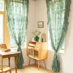 French Retro Green Ruffled Lace Sheer Tulle Curtains For Girls Room Living Room Korean Pastoral Floral Window Screen