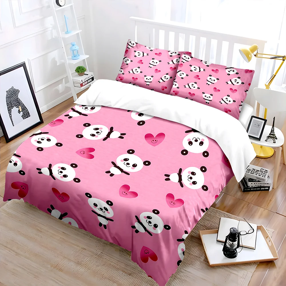 Cute pandas and hearts on pink Print Bedding Set 1 Duvet Cover 2 Pillowcases for Adult and Children Luxury Gift Full Size