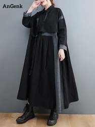 Black Denim Patchwork Vintage Dresses For Women Long Sleeve Loose Casual Shirt Dress Fashion Elegant Clothing Spring Autumn 2025