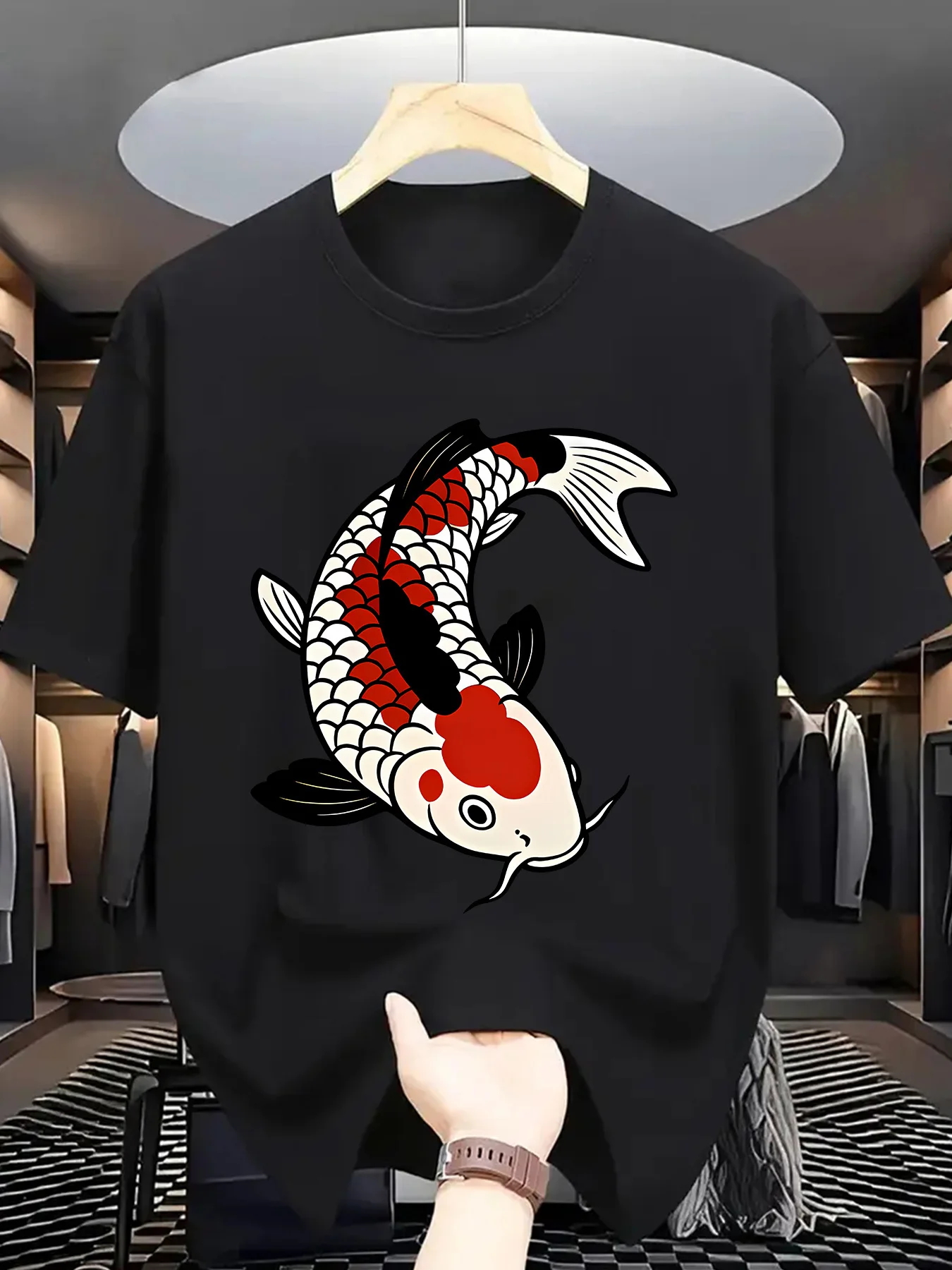Oriental Style Men Short Sleeve Tshirt Colorful Koi Carp Illustration Asian Culture Pattern O Neck Tee Male Casual Fashion Tops