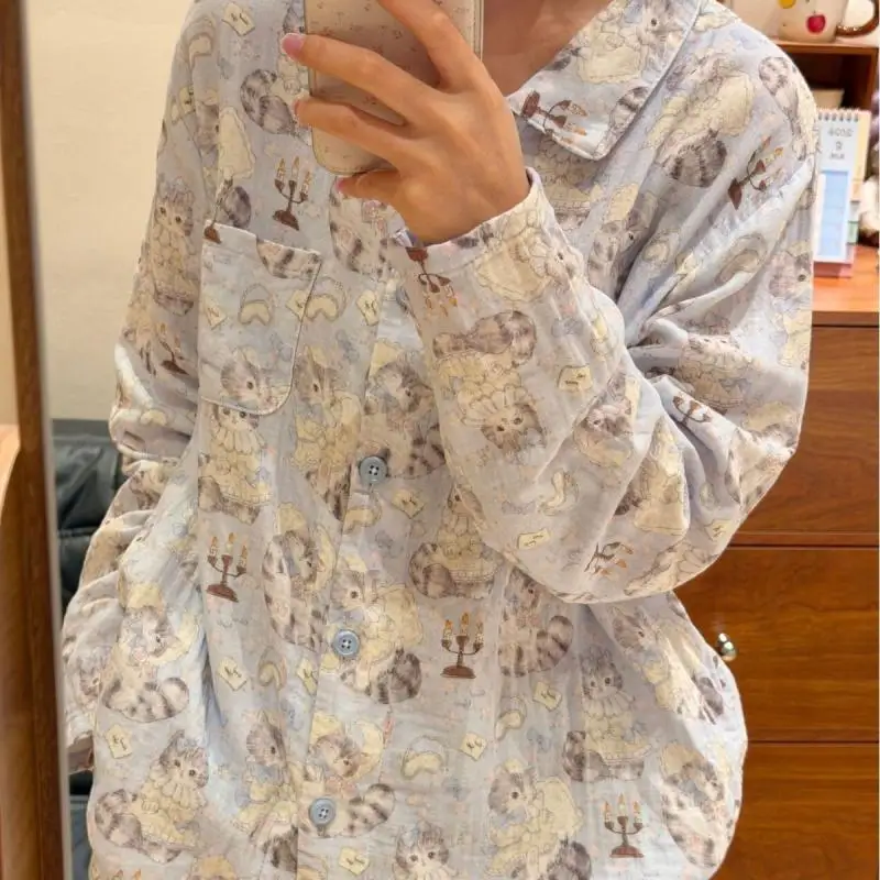 Women Cute Cat Print Pajama Set Lapel Long Sleeve Double-Layer Cotton Gauze Sleepwear Loose Home Loungewear Two Piece Night Suit