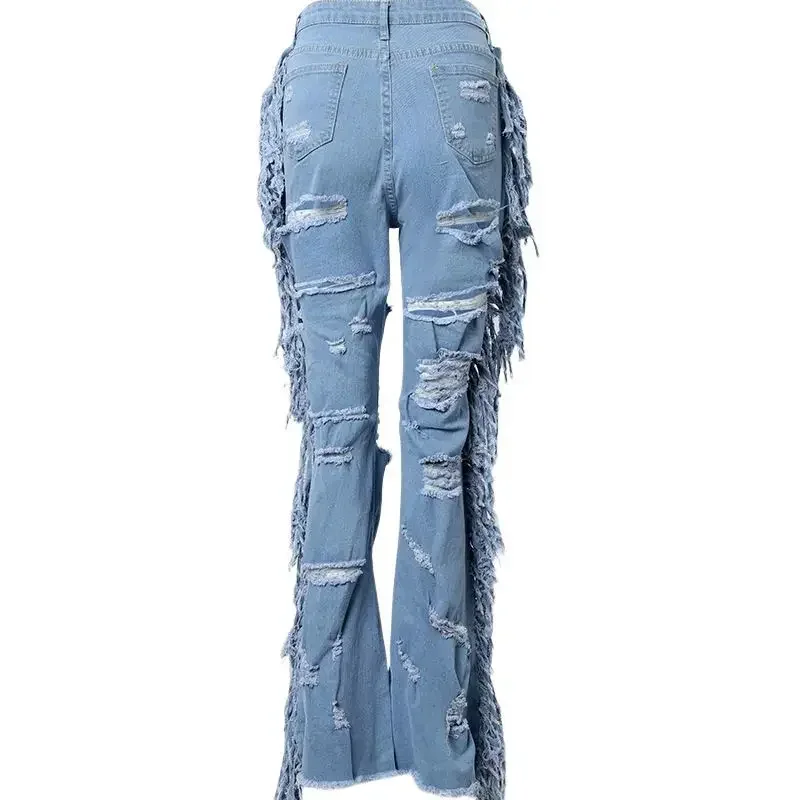 Fashion Pants Women Damaged Wash Tassels 2023 Summer New Long Denim Jeans for Women