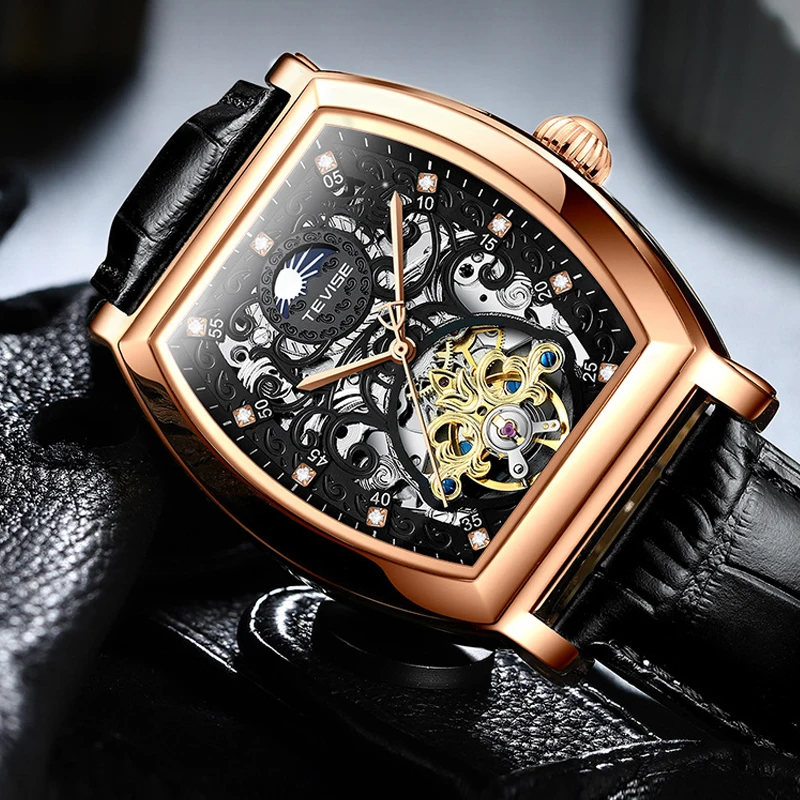 

3D Skeleton Tourbillon Watch for Men Tonneau Mechanical Watch Men Automatic Mens Watches W/ Diamonds Rose Gold Reloj Hombre 2022