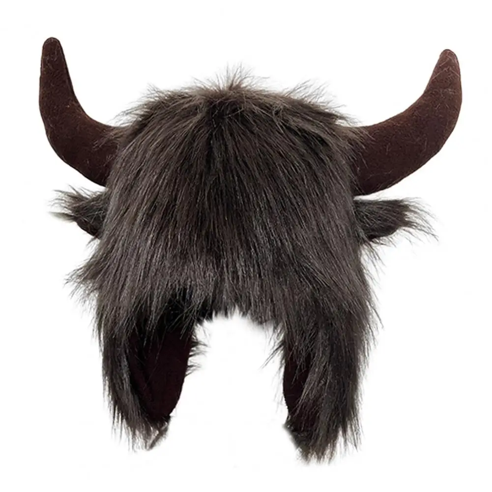 Thermal Hat Fluffy Faux Fur Winter Hat with Cow Horn Decor Thunderbolt Design Unisex Windproof Cap for Men Women Cosplay Photo