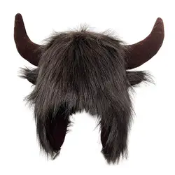 Thermal Hat Fluffy Faux Fur Winter Hat with Cow Horn Decor Thunderbolt Design Unisex Windproof Cap for Men Women Cosplay Photo