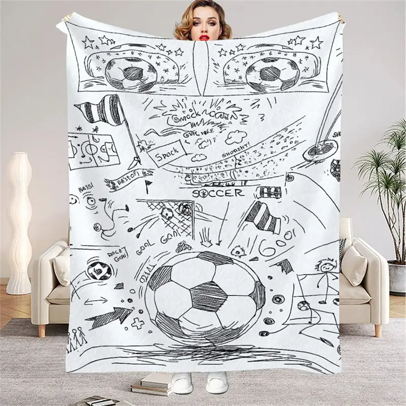 Flanell-Überwurfdecke mit Fußball-Motiv, weiß, Cartoon-Fußball- und Felddesign, warme Decke für Jungen, Wohnzimmer, Sofa, Bett, Dekor