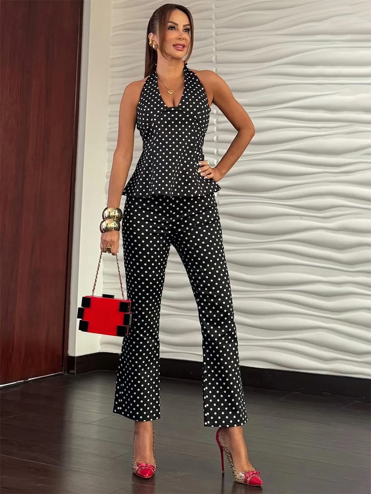 

French Polka Dot Vest Pant Suit Women's Sexy Backless Lace Up V-neck Slim Top Wide-leg Long Pants Set Dating Lady Outfits
