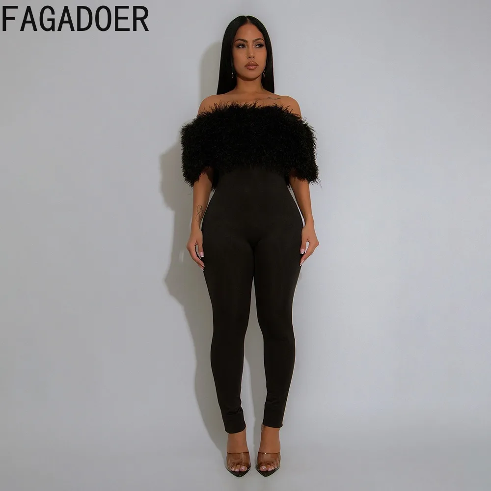 FAGADOER Sexy Fur Patchwork Bodycon Jumpsuits Women Solid Color Off Showlder Backless Rompers Female Streetwear Overalls 2025
