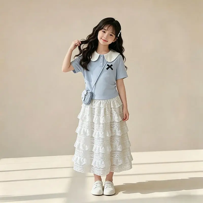 2026 summer girls Clothes Children set short sleeve bow Teen FASHION BLUE t shirt tops + lace pleated tutu skirt 4 8 10 12 year