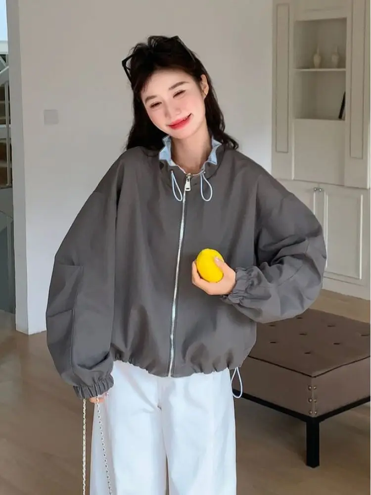 Korean Style Lazy Fashion Short Casual Stand Collar Workwear Jacket Women's Small Size Autumn New Arrival Zipper Decoration