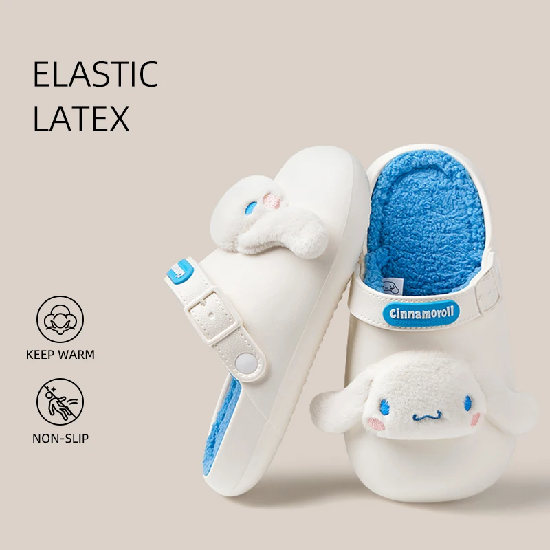 Sandal wanita Sanrio Kawaii Cinnamoroll sandal wanita Sanrio Hello Kitty Kuromi kartun lucu tahan air lembut bulu hangat sepatu rumah dalam ruangan Shoes