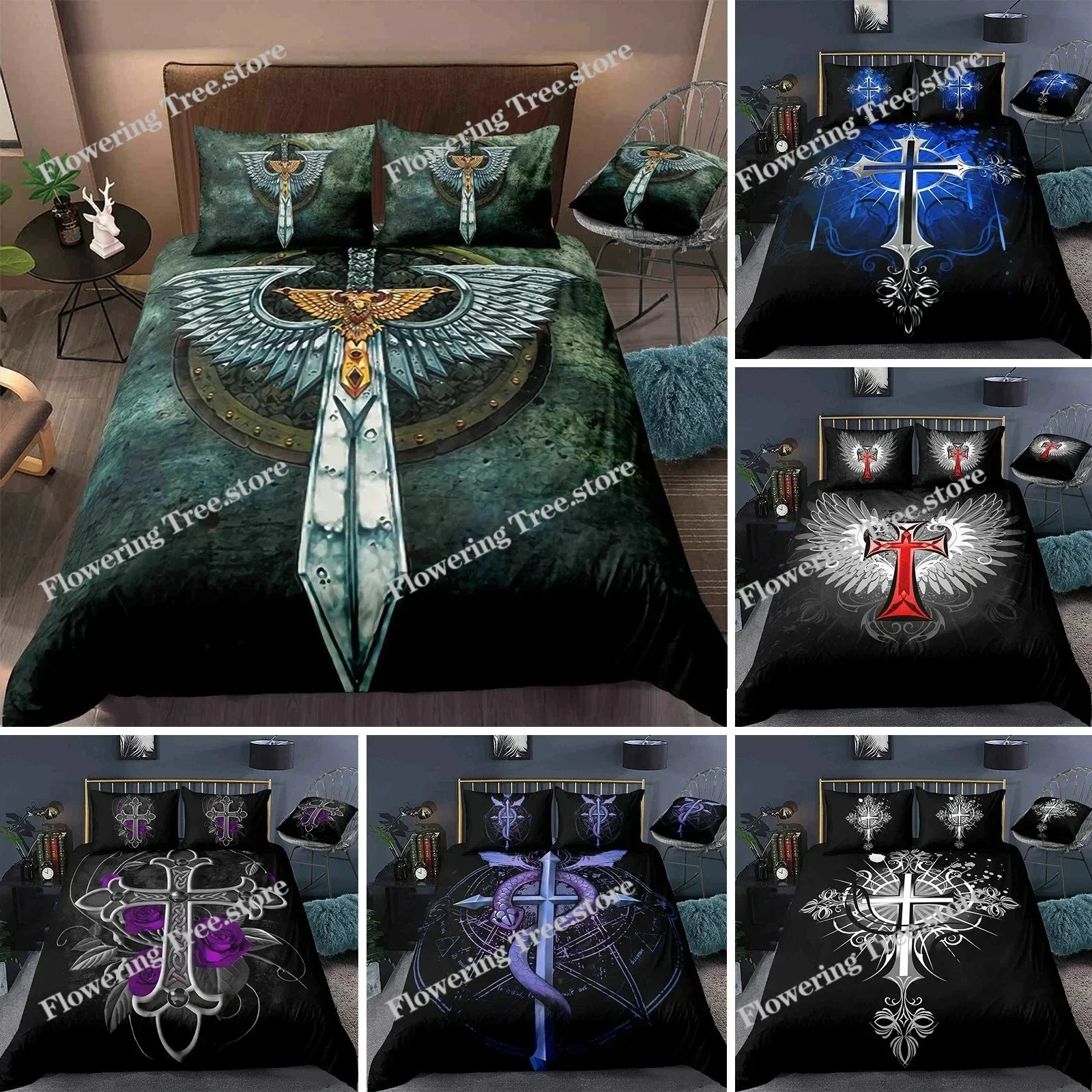 

Jesus Cross Bedding Set KingQueen Size Christian Design Retro Quilt Cover for Men Teens Adult,Jesus Christ Believer Quilt Cover