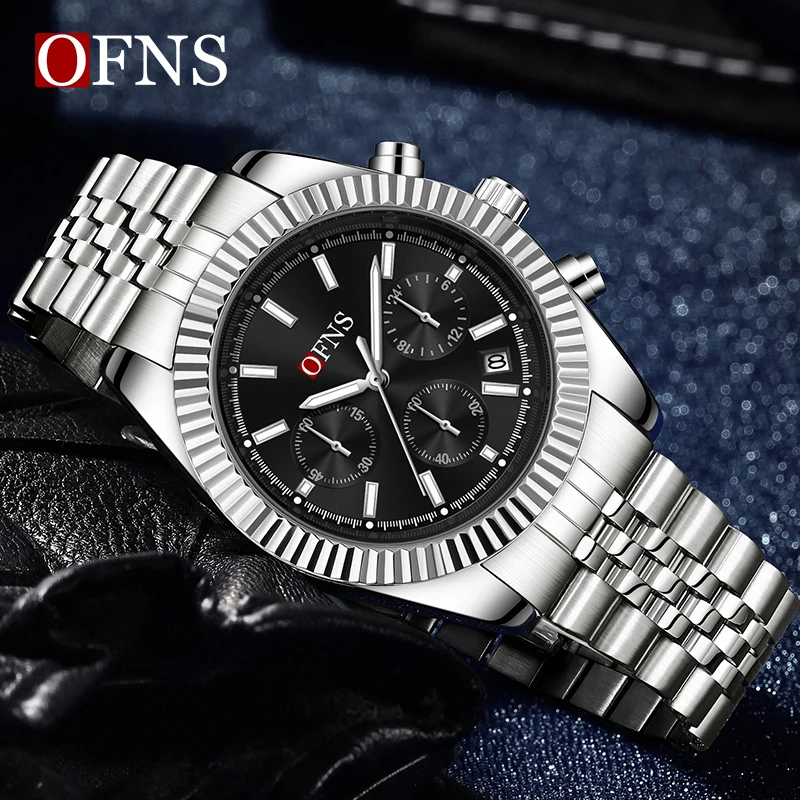 OFNS Top Brand Luxury Men\'s Watches Stainless Steel Strap Waterproof Chronograph Sport Watch Men Business New Style Quartz Watch