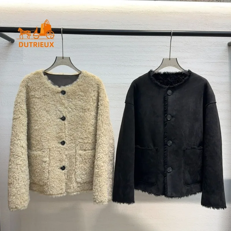 24 Nuovo cappotto invernale in pelle di agnello da donna, cappotto corto in pelle di agnello su due lati con girocollo 100% lana versione ampia giacca in pelle e pelliccia