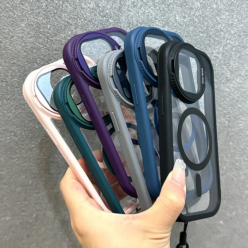 Fold Glass Lens Stand Magnetic Transparent Case for IPhone 15 14 13 12 11 Pro Max for Magsafe Wrist Strap Cord Shockproof Cover