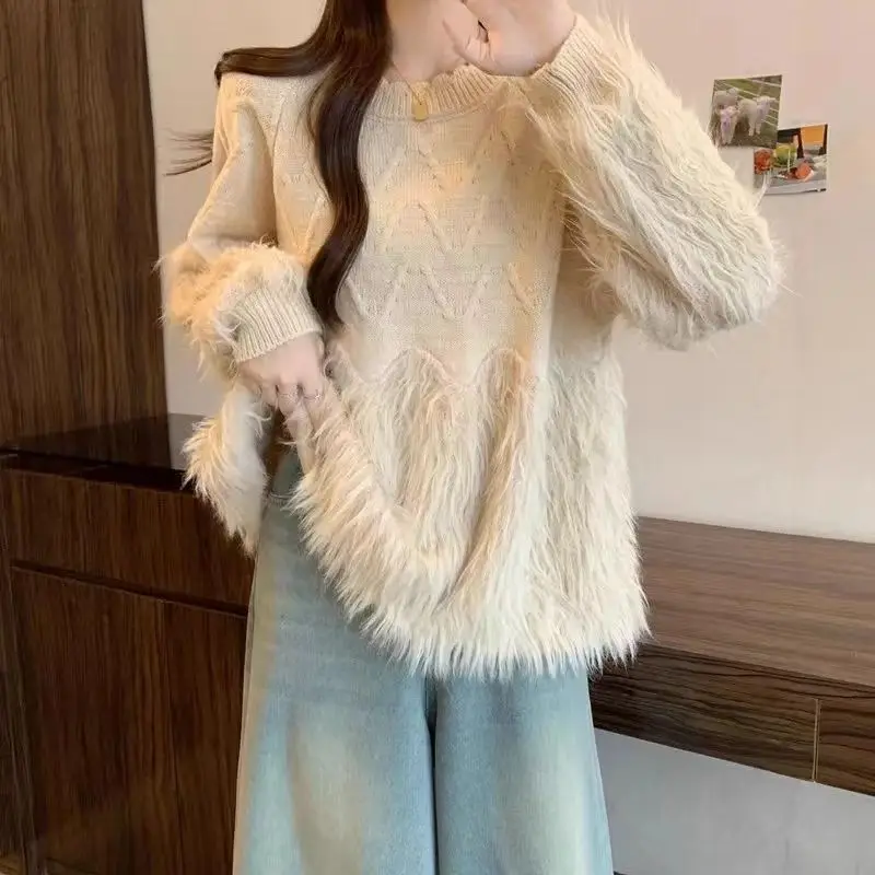 New Lazy Style Faux Mink Spliced Tassel Oversized Belly Covering Round Neck Pullover Jacquard Sweater