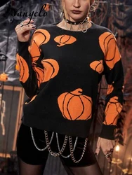 Yangelo Fairy Grunge Pumpkin Printed Sweater Techwear Women's Knitted Top Halloween Party Loose Warm Girl Pullover