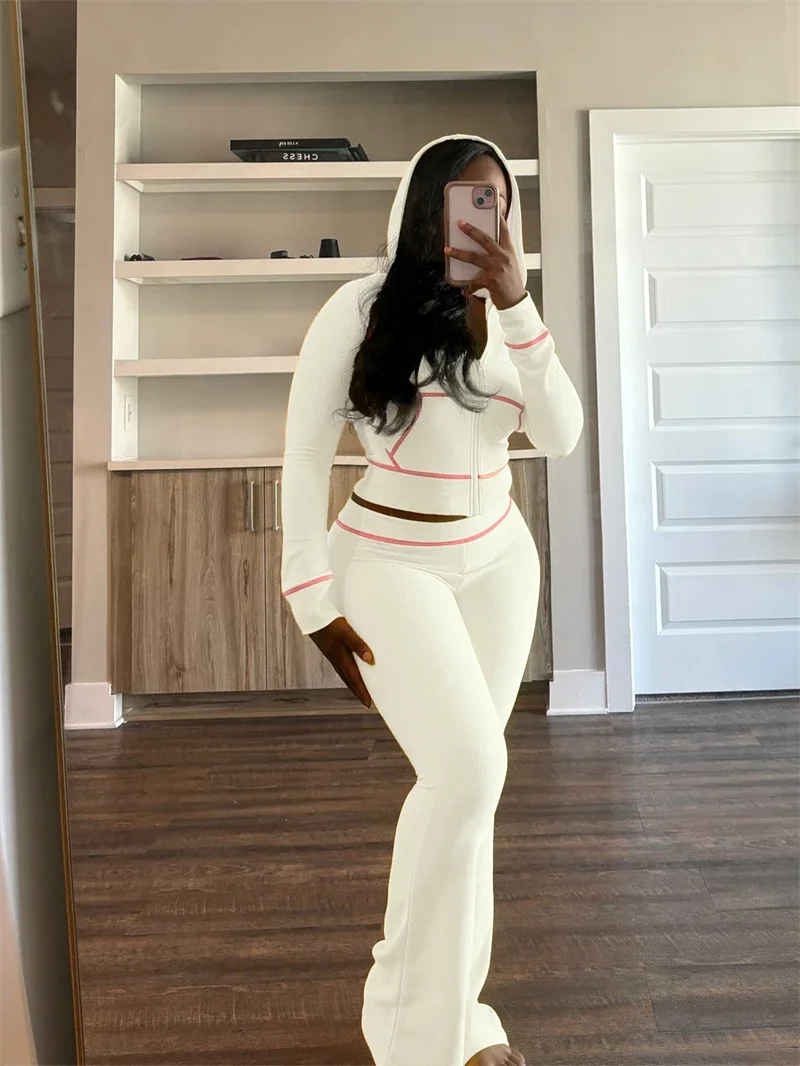 스트릿웨어 와플 2 피스 세트, 여성용 의상, 용수철 의류, 여성용 후드 크롭탑 플레어 바지 세트, 캐주얼 운동복 세트