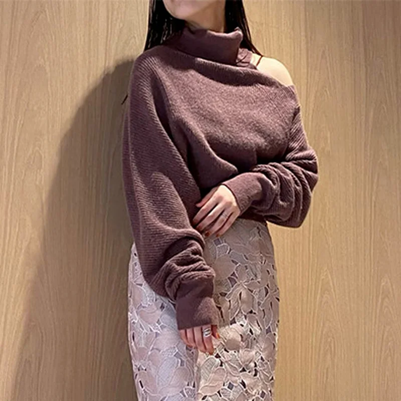 Japanese Sweet Sweater 2022 Autumn Winter New Women Jumpers High Neck Off Shoulder Long Sleeve Solid Knitted Pullover