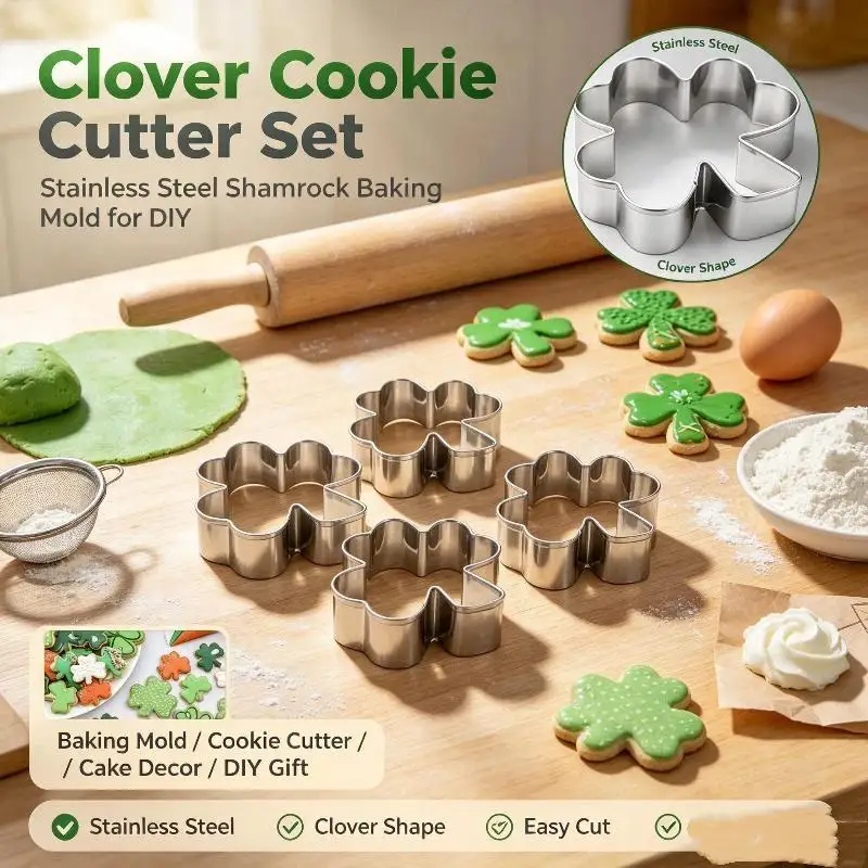 3 Pcs St. Patrick's Day Baking Mold Set Stainless Steel Clover Shamrock Cookie Cutter for Dessert Decor DIY