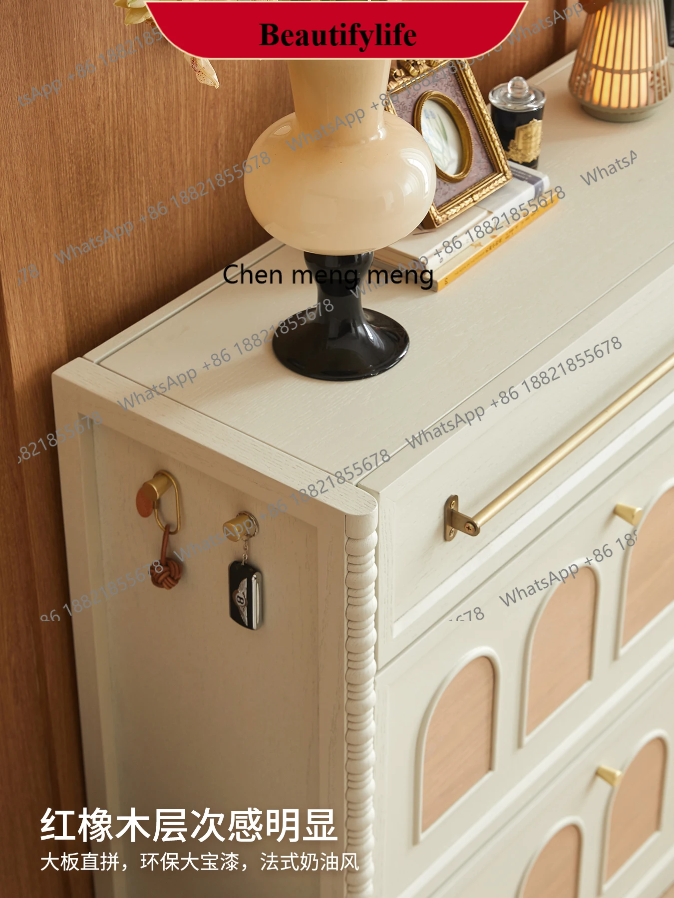 E153 French cream solid wood rotary telescopic shoe cabinet household entrance porch cabinet integrated storage locker