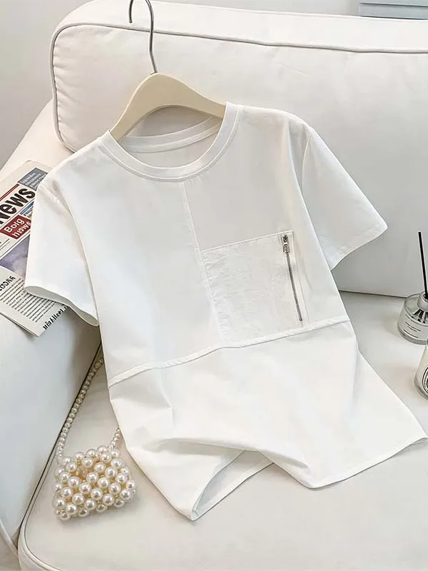 

Summer Casual Women's T-shirt plus Size Color Block Design Anti-Aging Fashionable Short Sleeve Korean Style Commute Wind