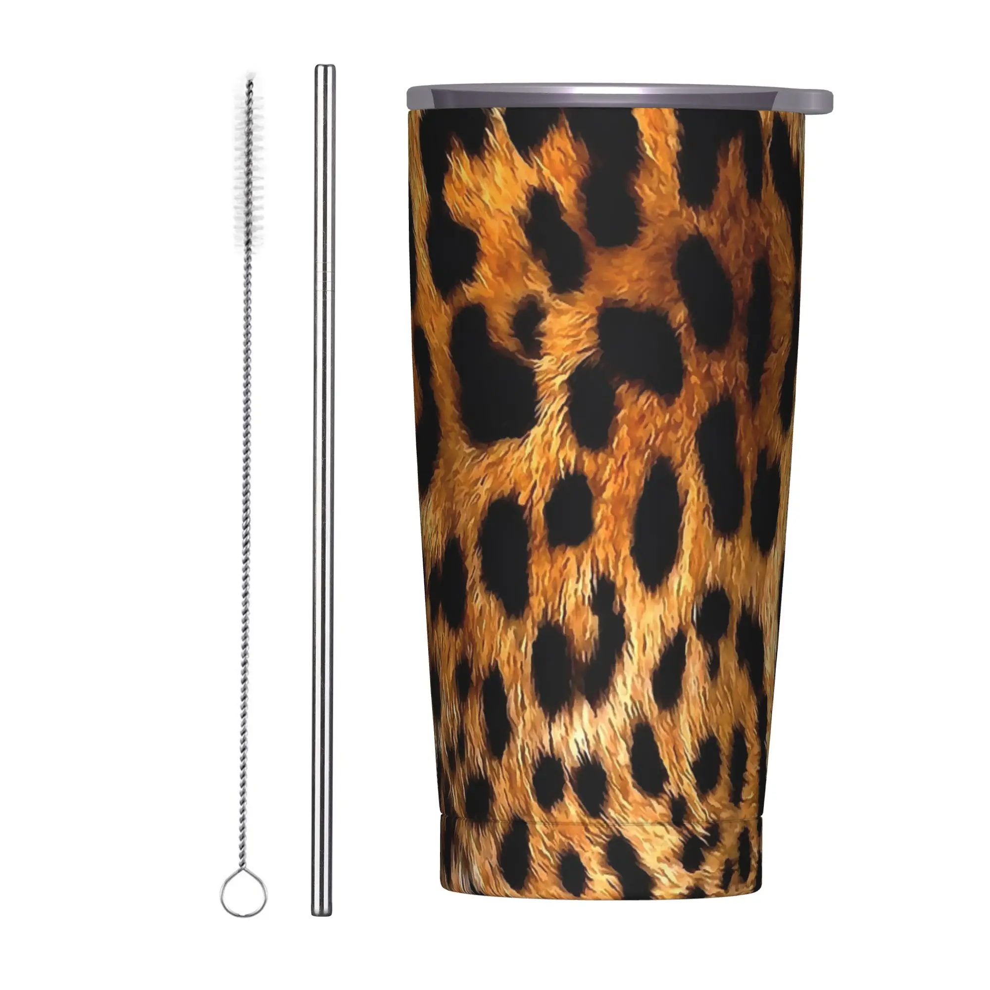 Vegan Leopard Skin Animal Print Tumbler Vacuum Insulated Fur Leather Texture Thermal Cup with Lid Straw Mug Hot Cold Drink, 20oz