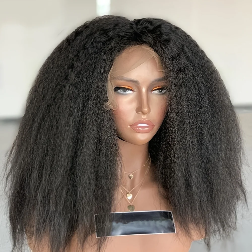 

26Inch Yaki Soft Long Kinky Straight Natural Black Lace Front Wig For Black Women Synthetic Preplucked Glueless Baby Hair Daily