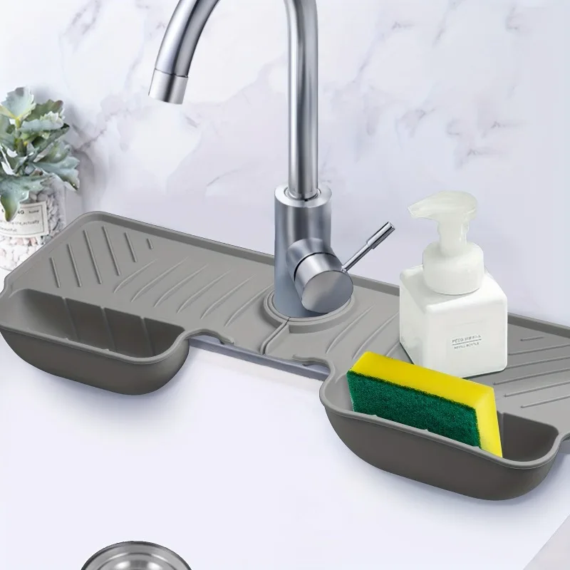 Silicone Kitchen Sink Organizer – Dual Pocket Sponge/Cloth Holder with Anti-Splash Guard, Durable Drain Mat for Countertops