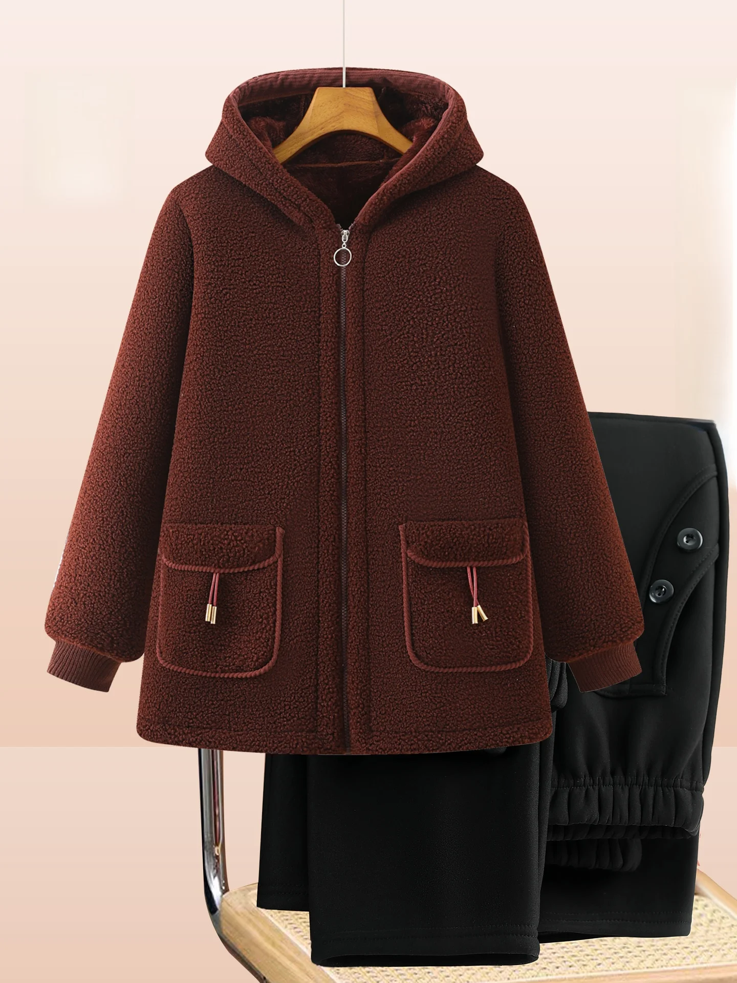 

2025 Winter Thiened Hooded Fce Jaet Women's Warm Cotton Coat Long Pants Casual Sle Comfortable Fit Zipper Closure