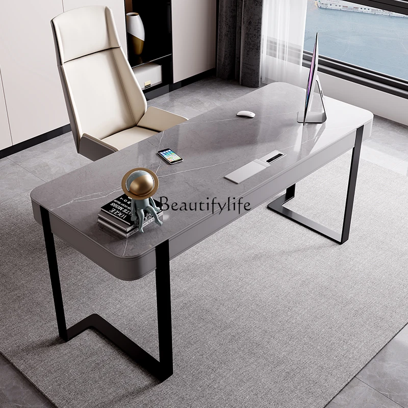 Italian minimalist light luxury rock slab writing desk household creative high-end stainless steel computer desk