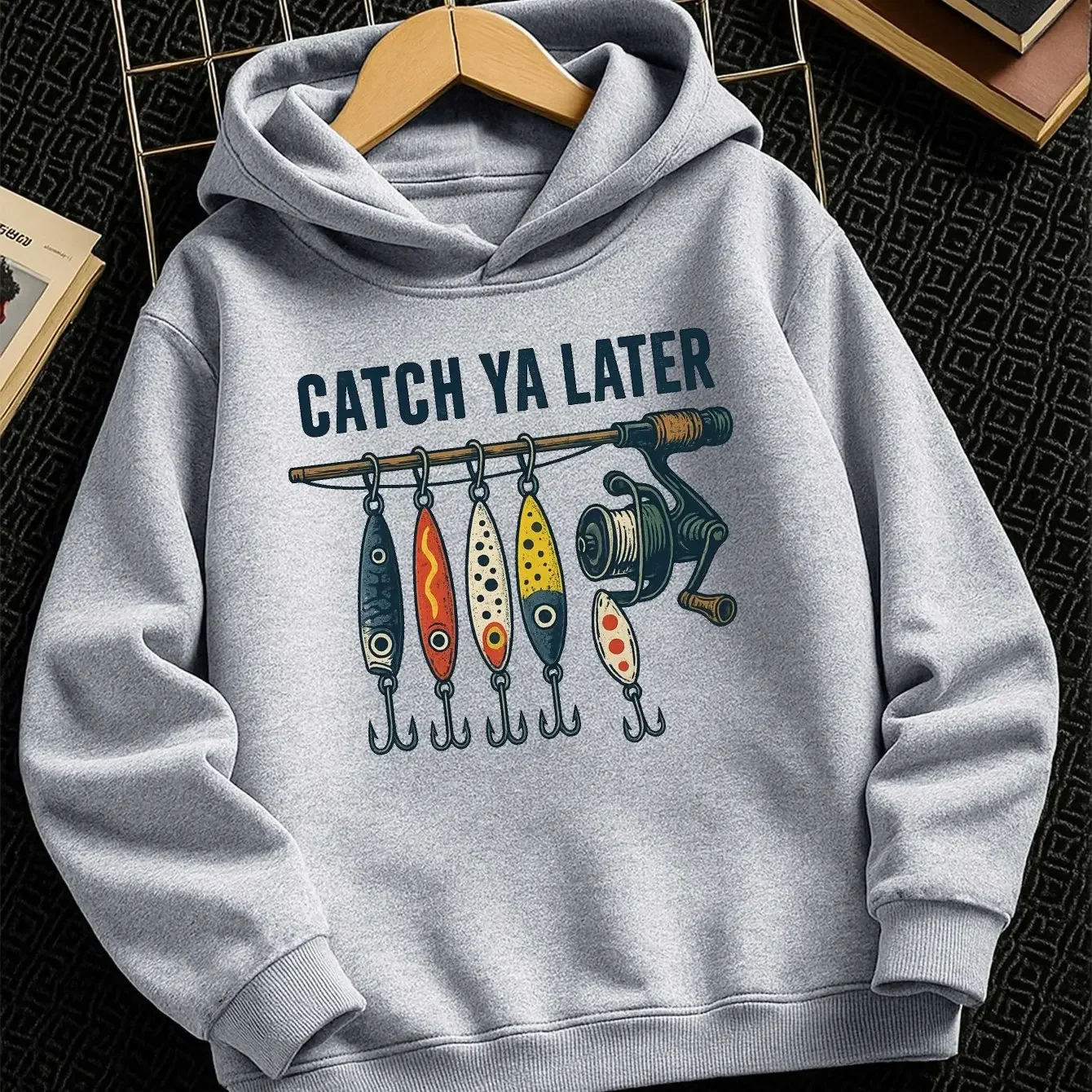 Kids Fishing Hoodie Catch Ya Later Graphic Print Outdoor Lure Sweatshirt Boys Girls Pink Pullover Hooded Top Casual Streetwear