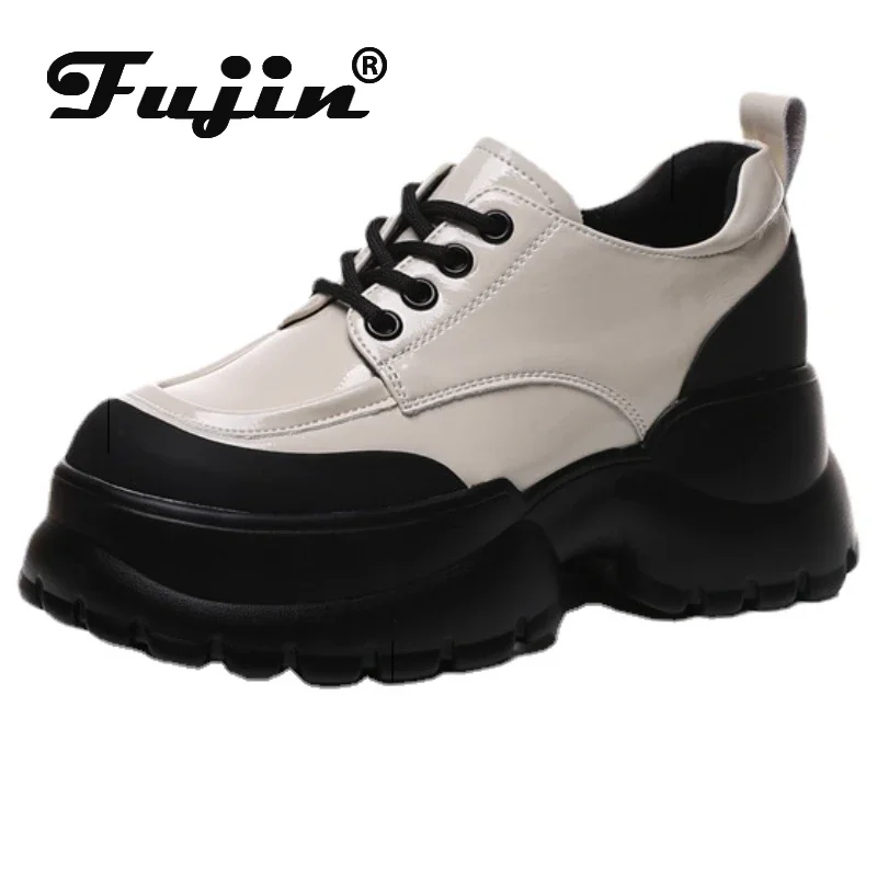 Fujin 6CM Patent Genuine Leather Women Platform Pumps Ladies Lace Up Wedge Pumps High Brand Fashion Ankle Boots High Heels Shoes