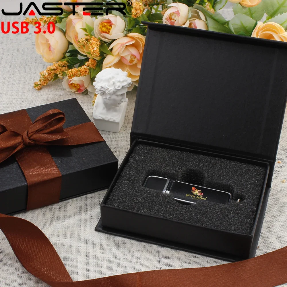 JASTER-Clé USB en cuir noir avec boîte en carton, clé USB, cadeau de mariage, cadeau haut de gamme, 128 Go, 64 Go, 32 Go, 3.0