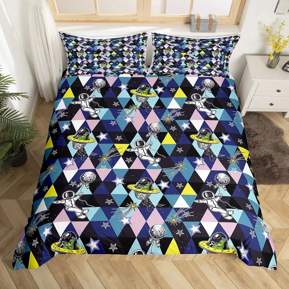 

Cute Cartoon Astronaut Duvet Cover Set Starry Sky Star Quilt Cover Microfiber Galaxy Bedding Set Twin King For Boys Girls Gift