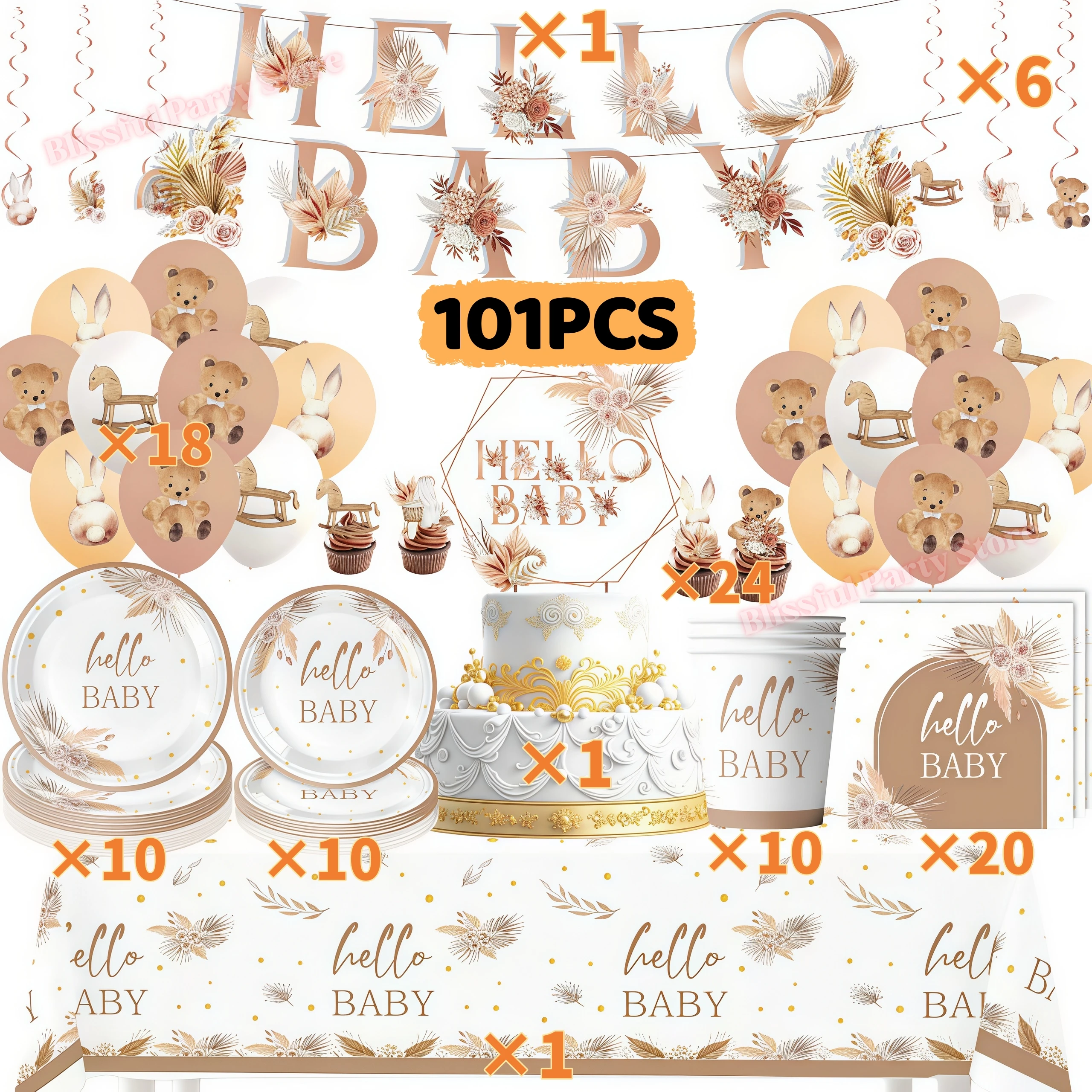 101PCS Baby Shower Decorations Kit Gender Reveal Party Supplies Hello Baby Plate Cup Banner Balloon Boy Girl Baby Shower Decor