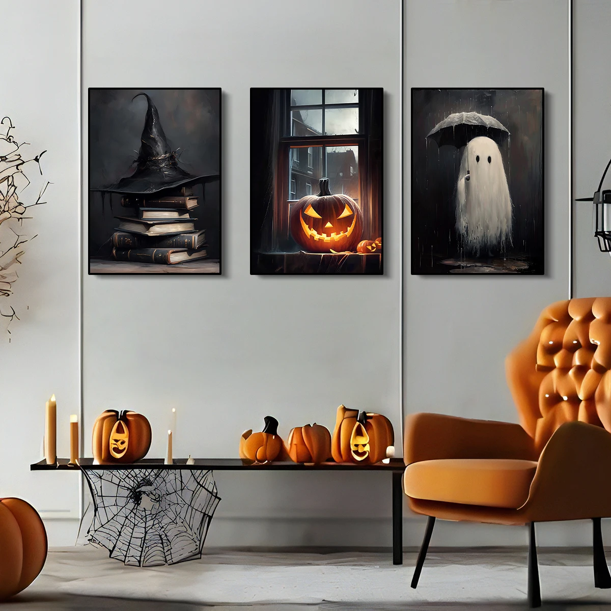 Retro Ghost Umbrella Witch Canvas Prints Dark Academy Gothic Devil Pumpkin Wall Art Poster for Halloween Living Home Decor Gifts