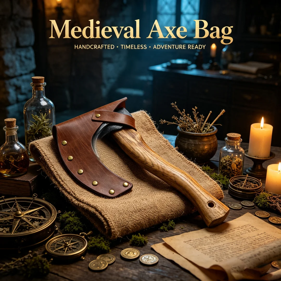 UYEE Medieval Axe Leather Sheath with Vintage Rivet Detailing Viking LARP Cosplay Accessory Axe Head Cover Belt
