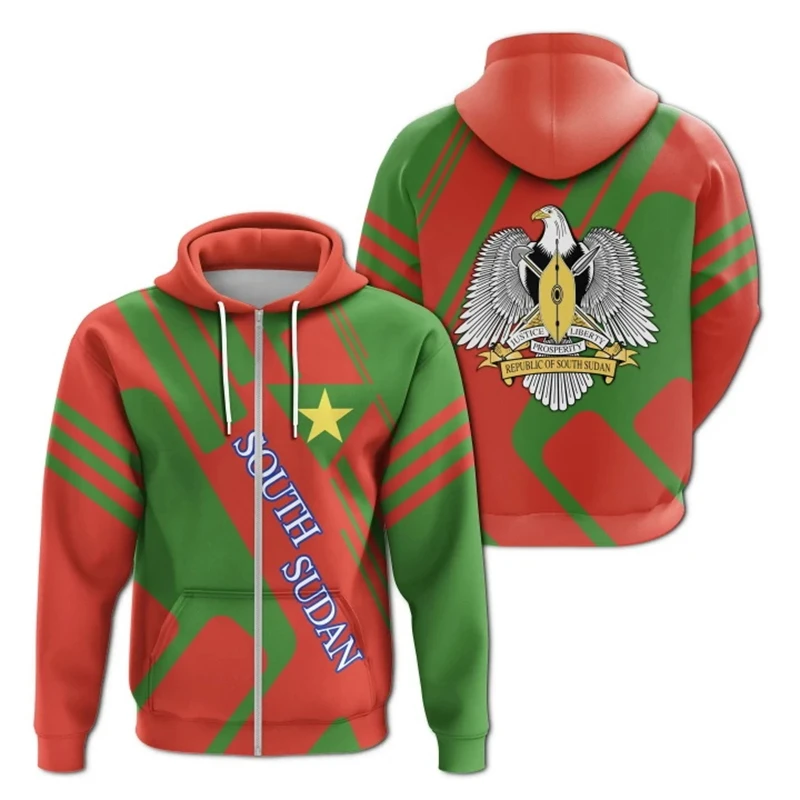 South Sudan Flag Pattern 3D Print Zip Up Hoodie For Men Patriotic Tracksuit National Emblem Graphic Sweatshirts Male Boy Coats