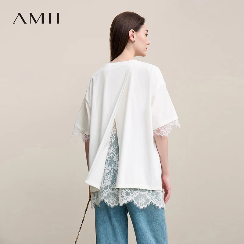 Camiseta de mujer Amii 2026 de verano con cuello redondo, hombros caídos, algodón, encaje, patchwork, abertura lateral suelta, top para mujer 12652004