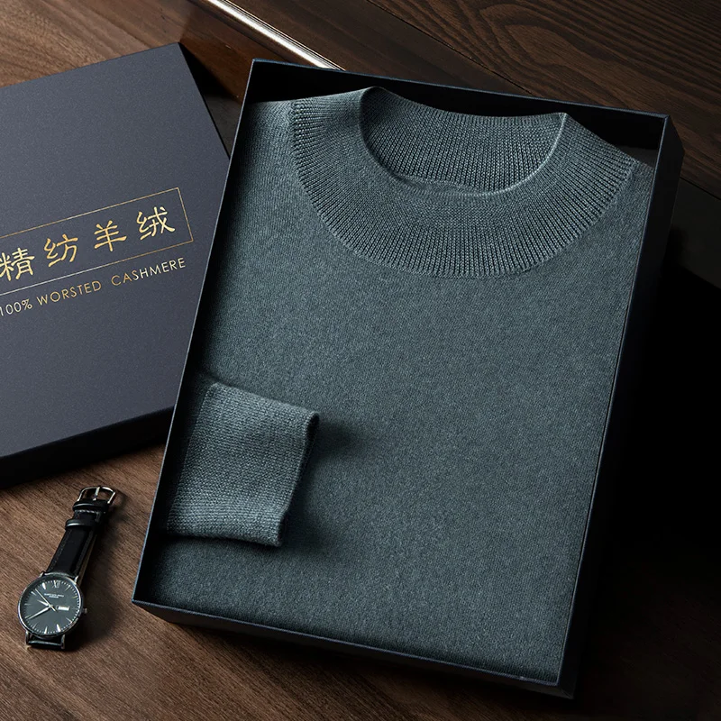 คุณภาพสูง A-Class 100% Precision Spun PURE CASHMERE เสื้อกันหนาวผู้ชายครึ่งคอ Casual หลวมถักบางเสื้อบุรุษ TOP