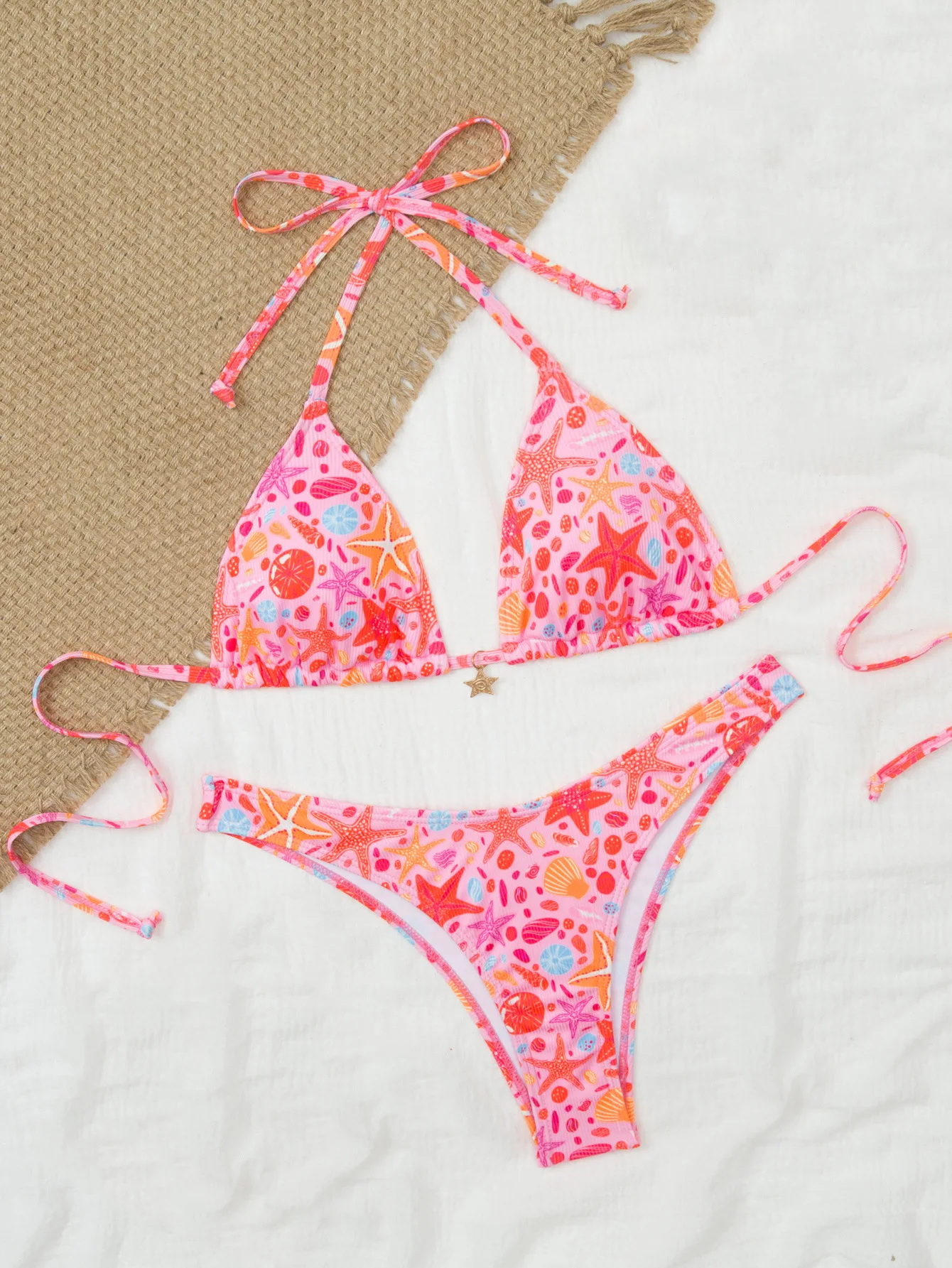 sexy pink starfish print micro bikinis sets two pieces star pendant swimsuits bathing suit swimwear biquini tankini trikini