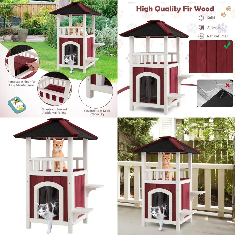 

Всепогодный деревянный домик для кошек с балконом, крышей и площадками для прыжков, для средних и мелких кошек