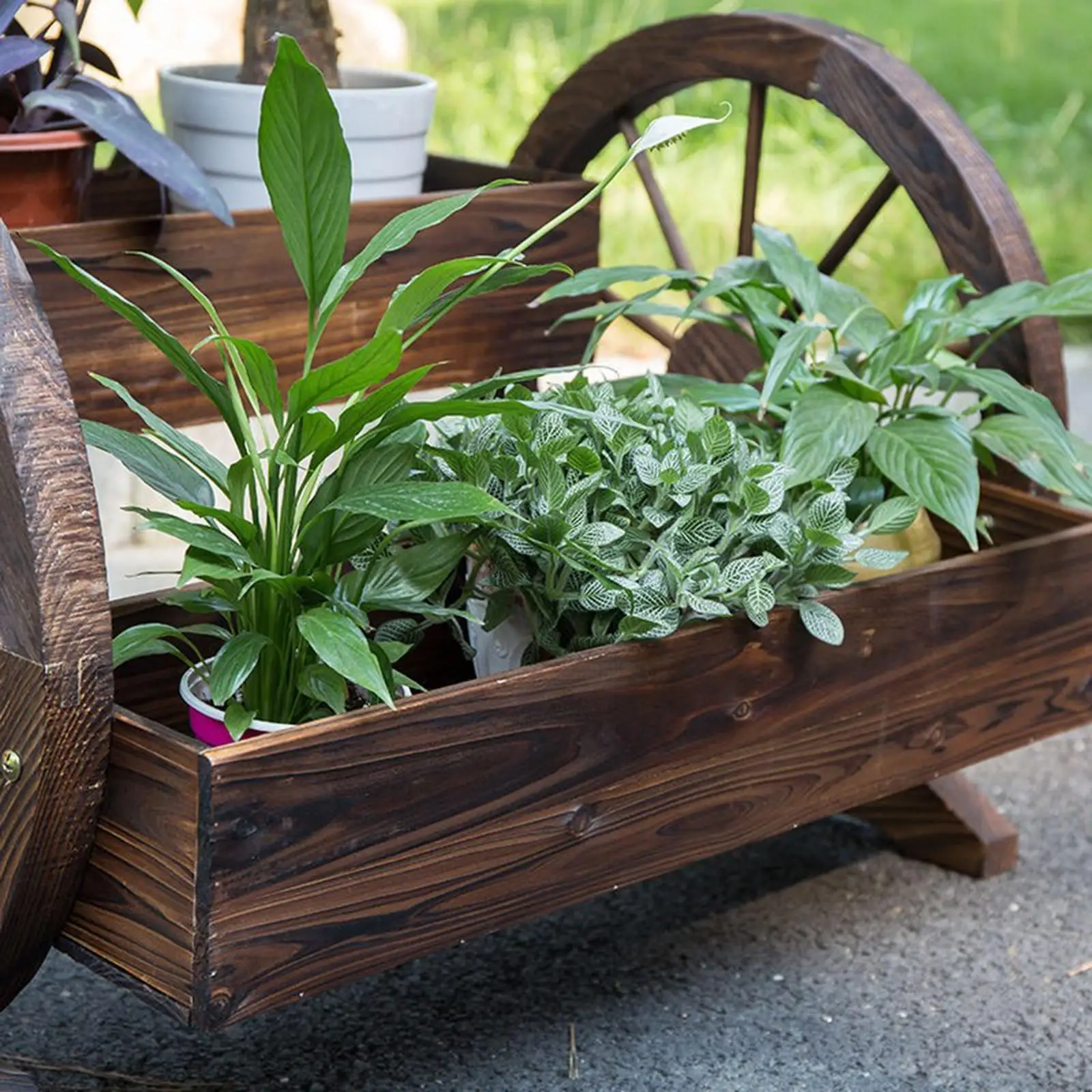 Wooden Wagon Wheel Planter Box 2 Tier Garden Planter Outdoor Balcony Indoor Flower Shelf for Home Living Room Lawn Outside