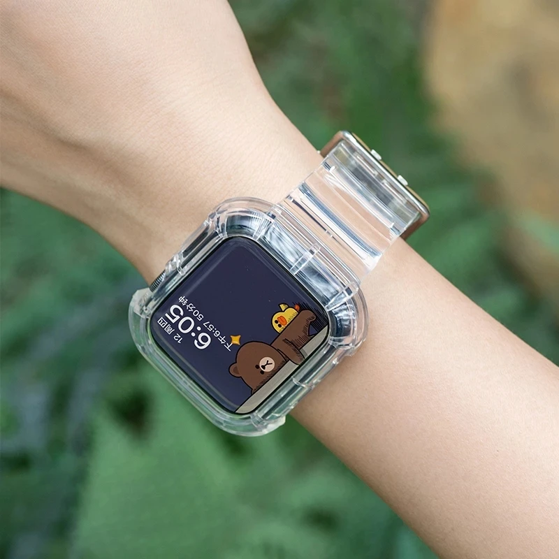 Clear Band + Case for Apple Watch Series 9 8 7 6 SE 5 3 49mm 45mm 44mm 42mm 41mm Transparent for Iwatch 38mm 40mm Plastic Strap
